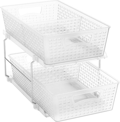 Simple Houseware 2 Tier Pull-Out Sliding Drawer Under Sink Storage, White | Great for Kitchen Bathroom Tray Shelf Organizer