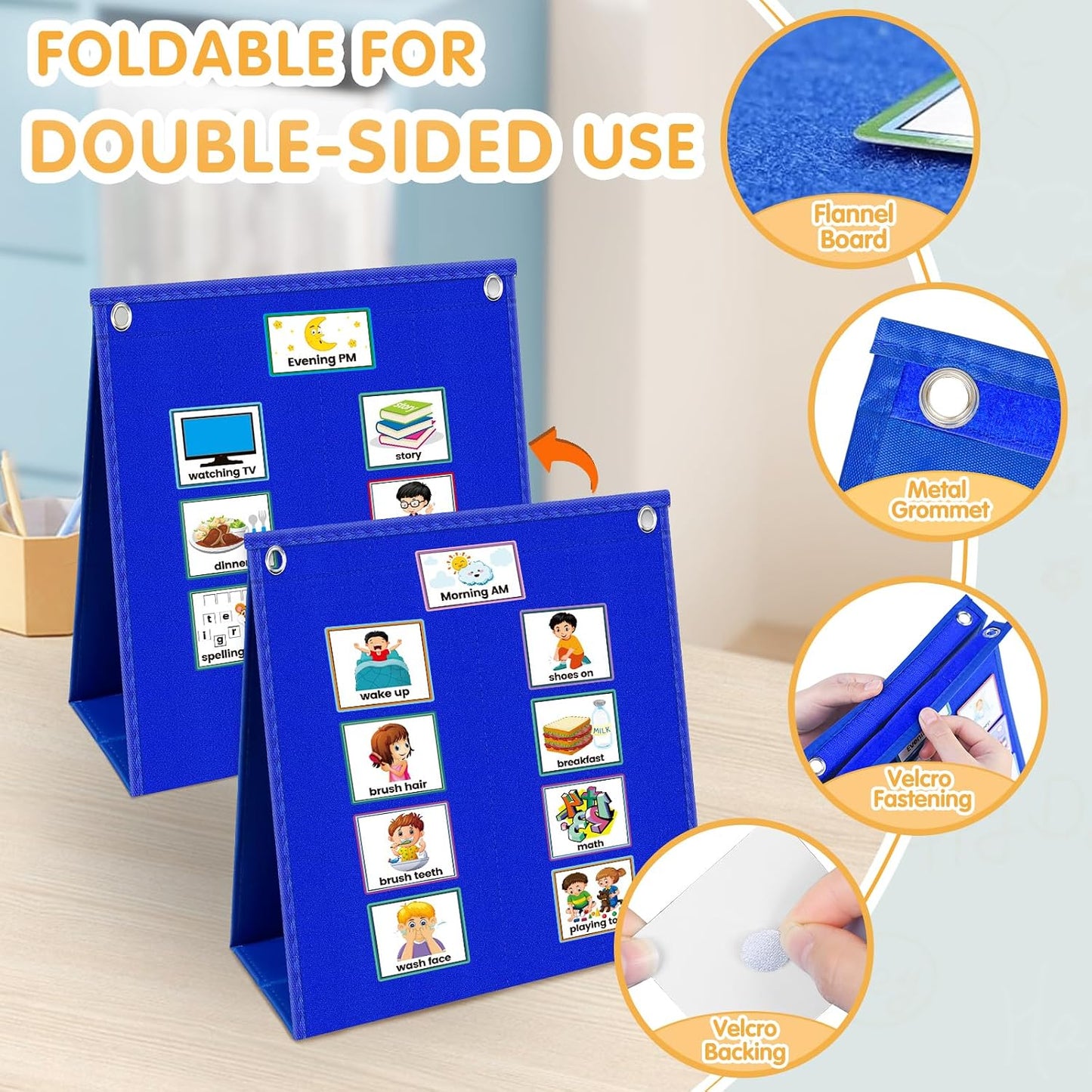 Visual Schedule for Kids with Autism Chore Chart for Toddler Planning Board Daily Routine Chart Autism Learning Materials Classroom, Home Use with 124 Cards (Blue)