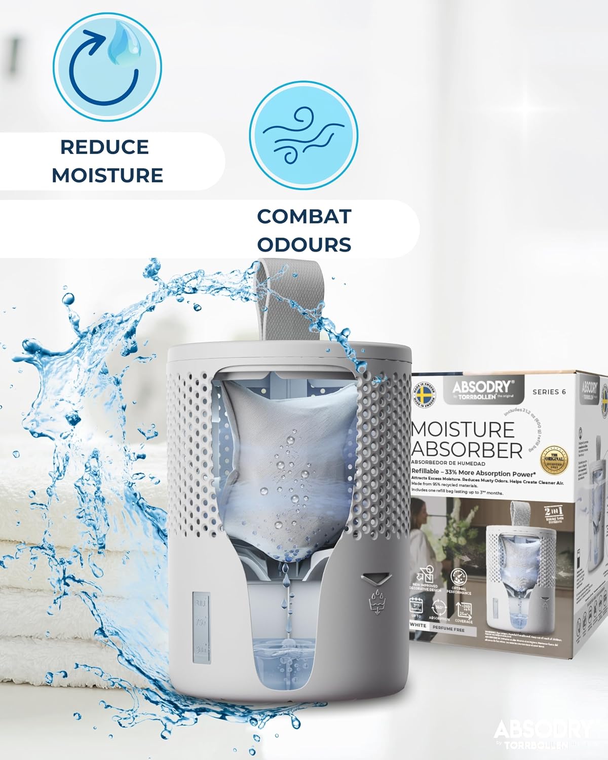 Closet dehumidifier - Absodry by Torrbollen Moisture Absorber 1.3lb Bag — Dehumidifier for Bedroom, humidity absorber, Air Freshener and Purifier for Home Up to 90 Days, 269 ft² (White)