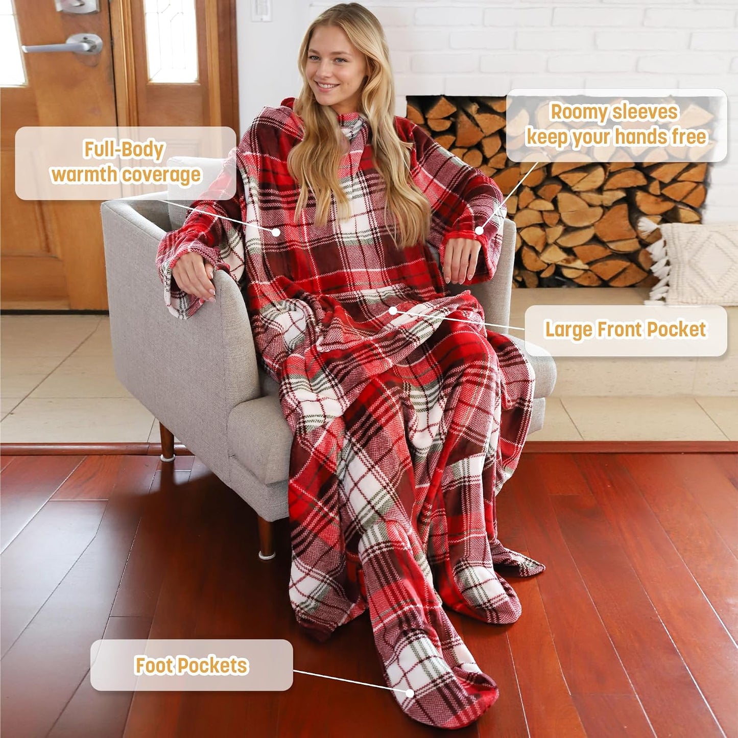 Catalonia Wearable Blanket with Sleeves & Foot Pocket for Adults | Soft Fleece Throw Wrap with Hands-Free Comfort, Perfect for Reading, TV Time & Relaxing, Christmas Gift for Women & Men