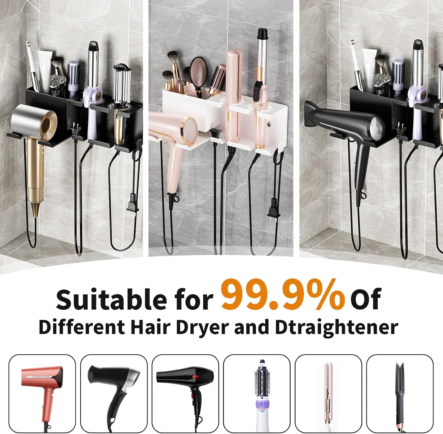 Hair Dryer Holder, Hair Tool Organizer Wall Mount, Adhesive or Drill, White | Blow Dryer Holder for Dryer Hook, Straightener Curling Irons Hairdryer Hair Appliance Hanger for Salon Bathroom Wall Storage