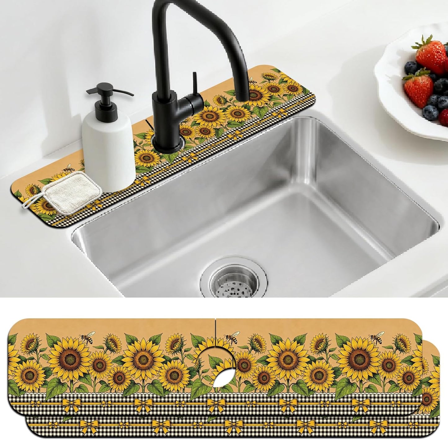 2Pcs Peonies Kitchen Sink Splash Guard Faucet Mat Vintage Florals Faucet Mat For Bathroom Kitchen 5.5x23.6In