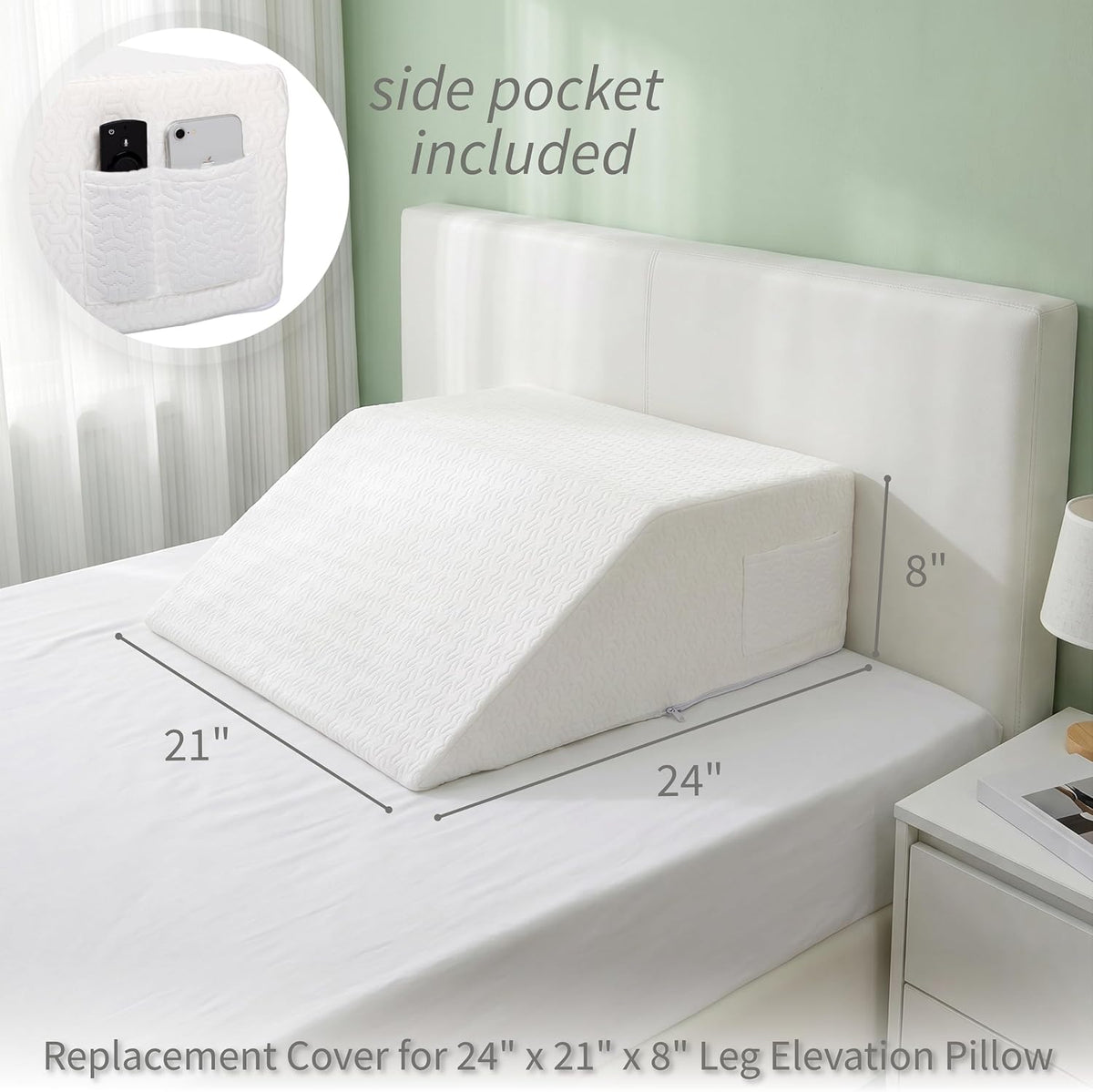 Leg Wedge Pillow Cover 24x21x8 in, Zipper & Pockets, Gray