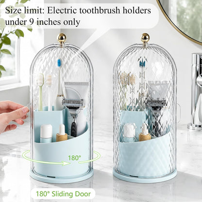 Toothbrush Holder with Cover for Bathroom Countertop, Organizer, White | Rotating 3 Slot Holder for Electric Toothbrushes, Toothpaste, Self Draining Vanity Organizer, Makeup Brush Storage