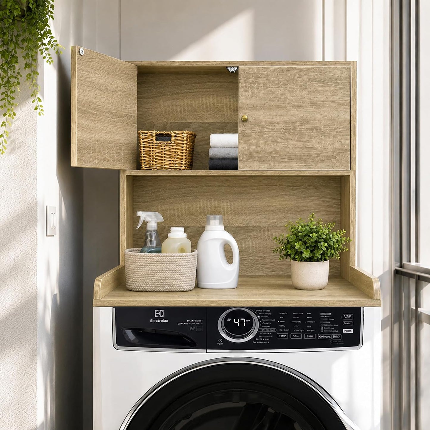 Laundry Storage & Organization (Oak) | Washer and Dryer Topper with Edge, Over Washer and Dryer Shelves for Laundry Room, Universal Fit, 27.5"Wx27.5"Dx29"H