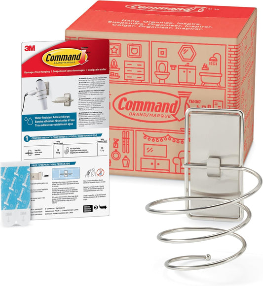 Command Hair Dryer Holder, Satin Nickel, 1 Dryer Holder, 2 Water Resistant Strips, Damage-Free Bathroom Organization and Decor | Water Resistant, Damage-Free Hanging with Adhesive Strip, No Tools