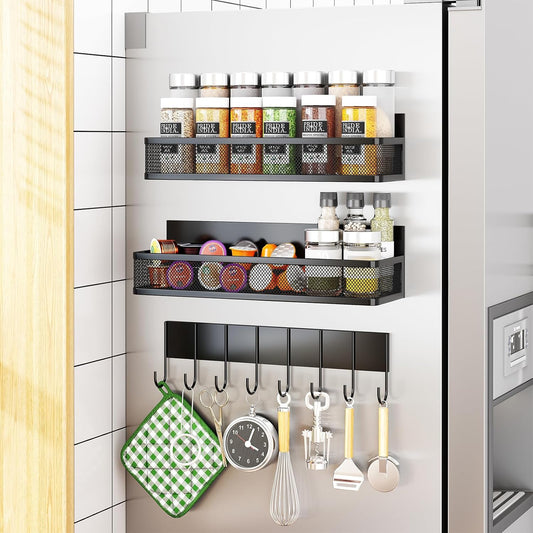 Aufworld Magnetic Spice Rack for Refrigerator, Magnetic Shelf, Moveable Fridge Organizer with 8-Hook Rack, Seasoning Organizer for Kitchen