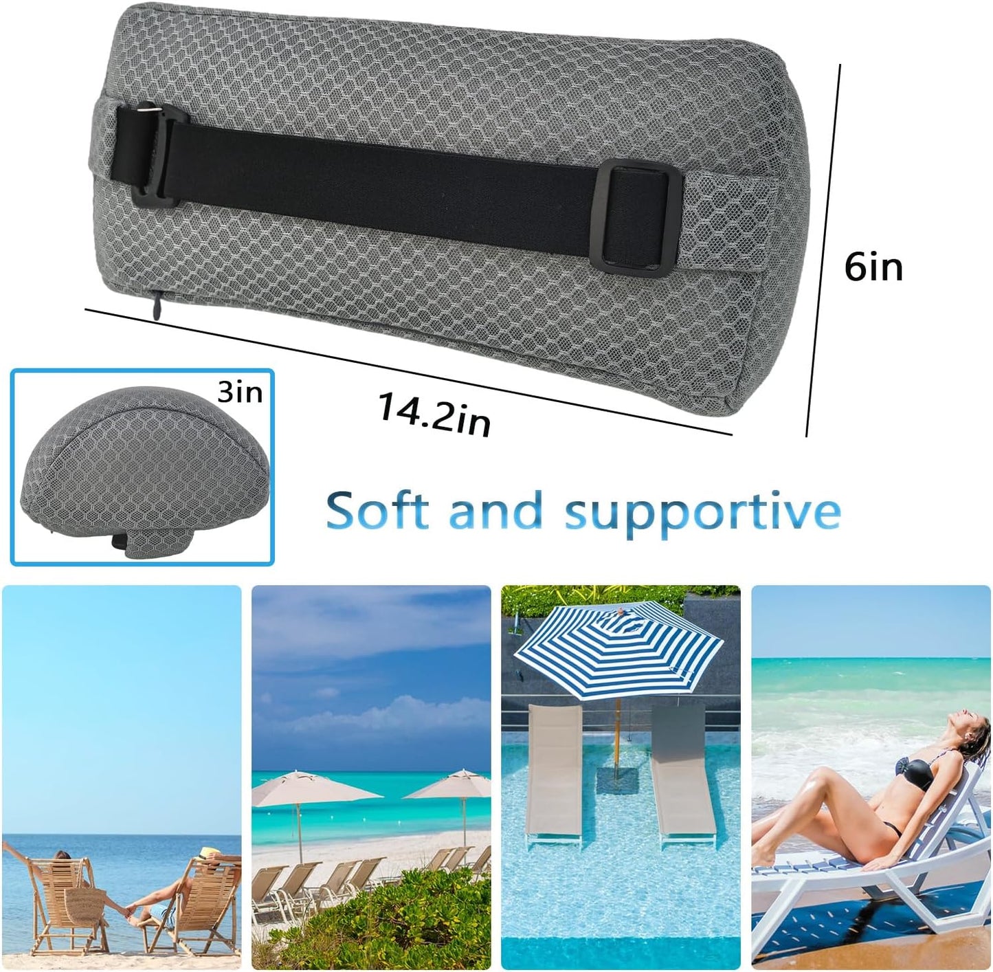 1 Pack Headrest Pillow for Patio Chaise Lounge,Recliner,Beach Chair,Gray | Resilient 3D mesh pillow with removable washable cover, adjustable elastic strap, ergonomic support, lightweight portable