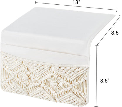 Mkono Macrame Bedside Caddy, Boho Bed Storage Organizer, 4 Pockets Ivory | Dorm Room Bed Caddy, Home Decor, Remote Control Magazine Glasses, Bedroom Living Room, Non-Slip, Space Saving Holder