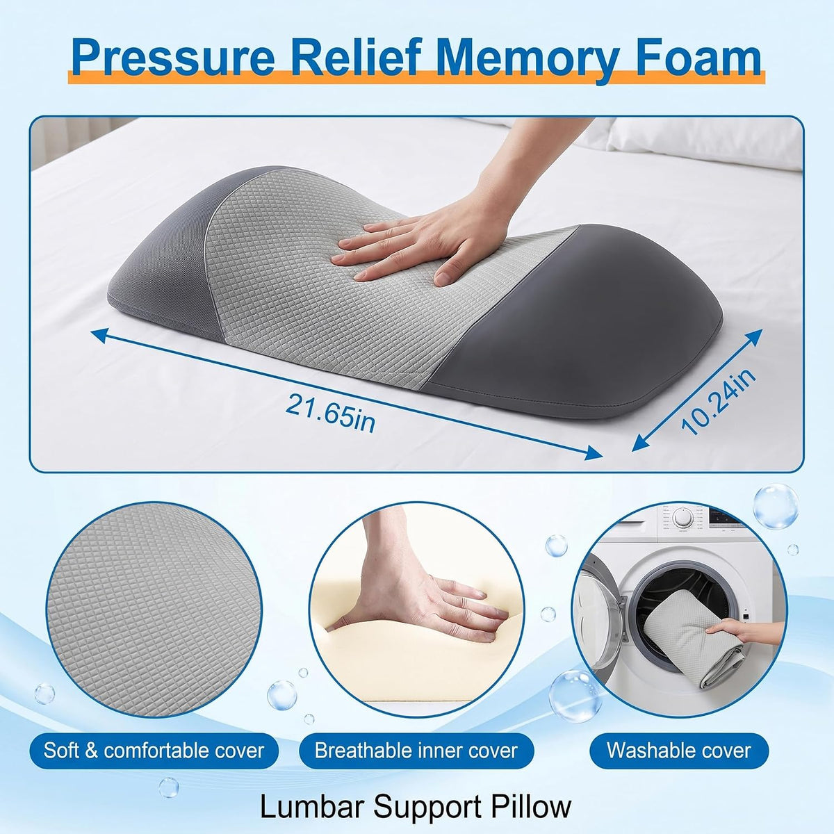 Lumbar Support Pillow for Sleeping,Premium Memory Foam Lower Back Pain Relief Bed Rest Support Pillows for Car Bed,Couch,Waist Support Care Cushion,Sleep Lumbar Pillow (Black Grey)