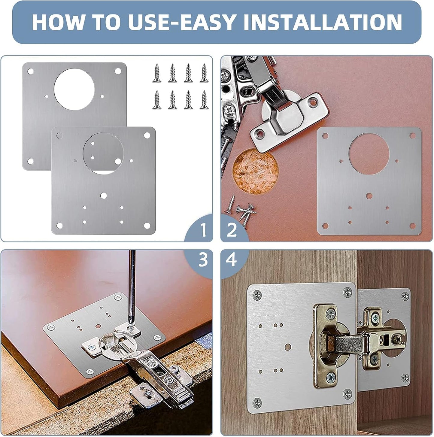 4 Piece Hinge Repair Kit - Cabinet Hinge Repair Plate Stainless Steel Door Hinge Repair Kit for Kitchen Cabinet Hinge Repair Brackets with Mounting Screws and Screwdrivers (4) (4, 3.5"x3.5")