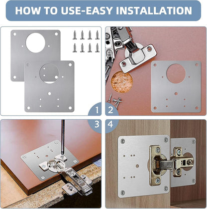 4 Piece Hinge Repair Kit - Cabinet Hinge Repair Plate Stainless Steel Door Hinge Repair Kit for Kitchen Cabinet Hinge Repair Brackets with Mounting Screws and Screwdrivers (4) (4, 3.5"x3.5")