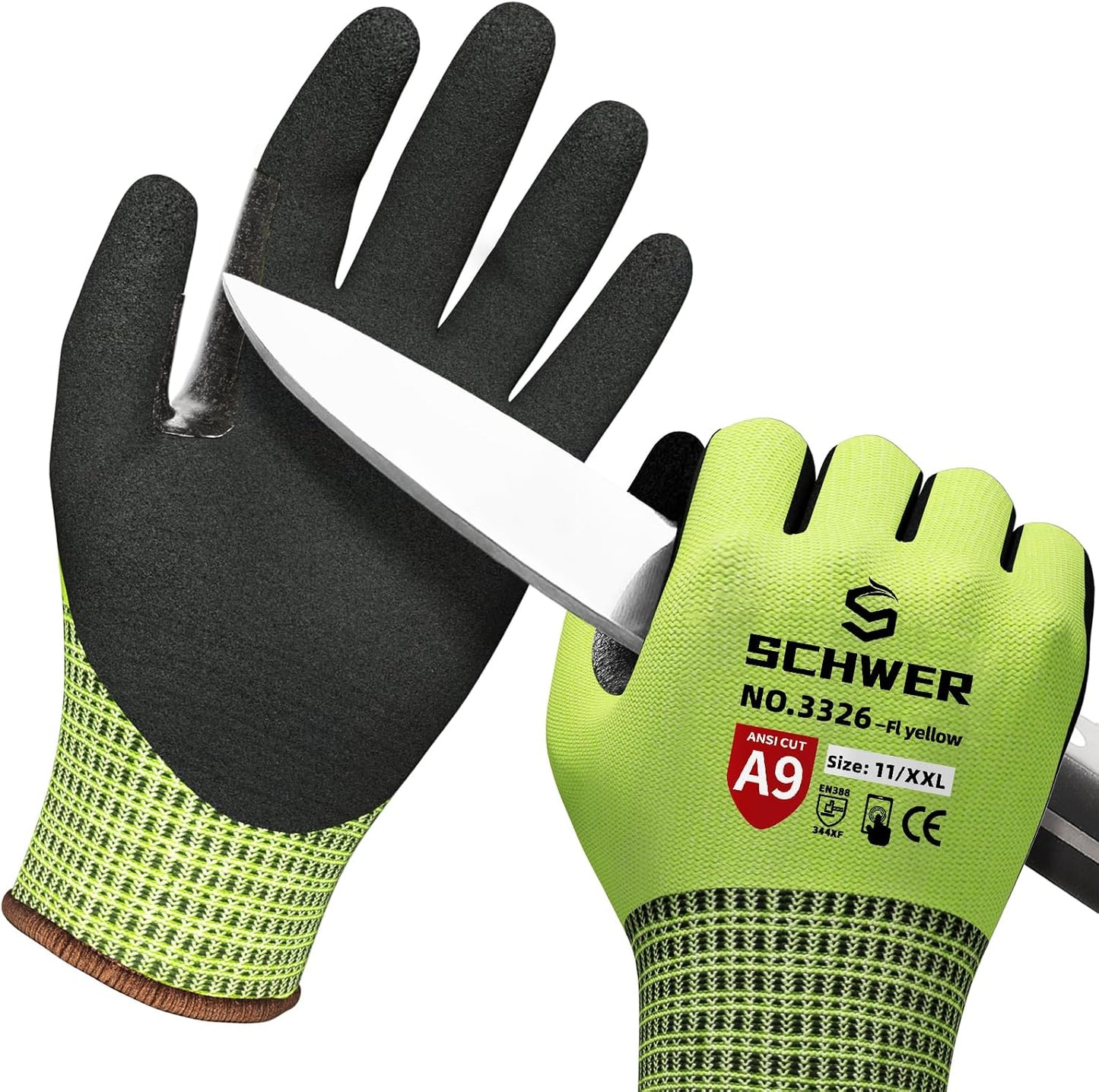 Schwer ProGuard High Level Cut Resistant Work Gloves for Extreme Protection, ANSI A9 Cut Gloves with Reinforced Thumb, Non Slip, Breathable, Durable, Touch-screen, Black 1 Pair（L 3326