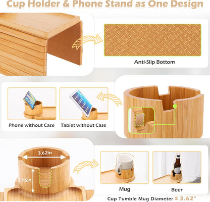 GHKINMAL Couch Cup Holder Tray, 3 in 1 Couch Arm Trays,Large Bamboo Chair Arm Rest Tray with 360° Cup Holder,Removable Anti-Slip Organizer for Snack Eating