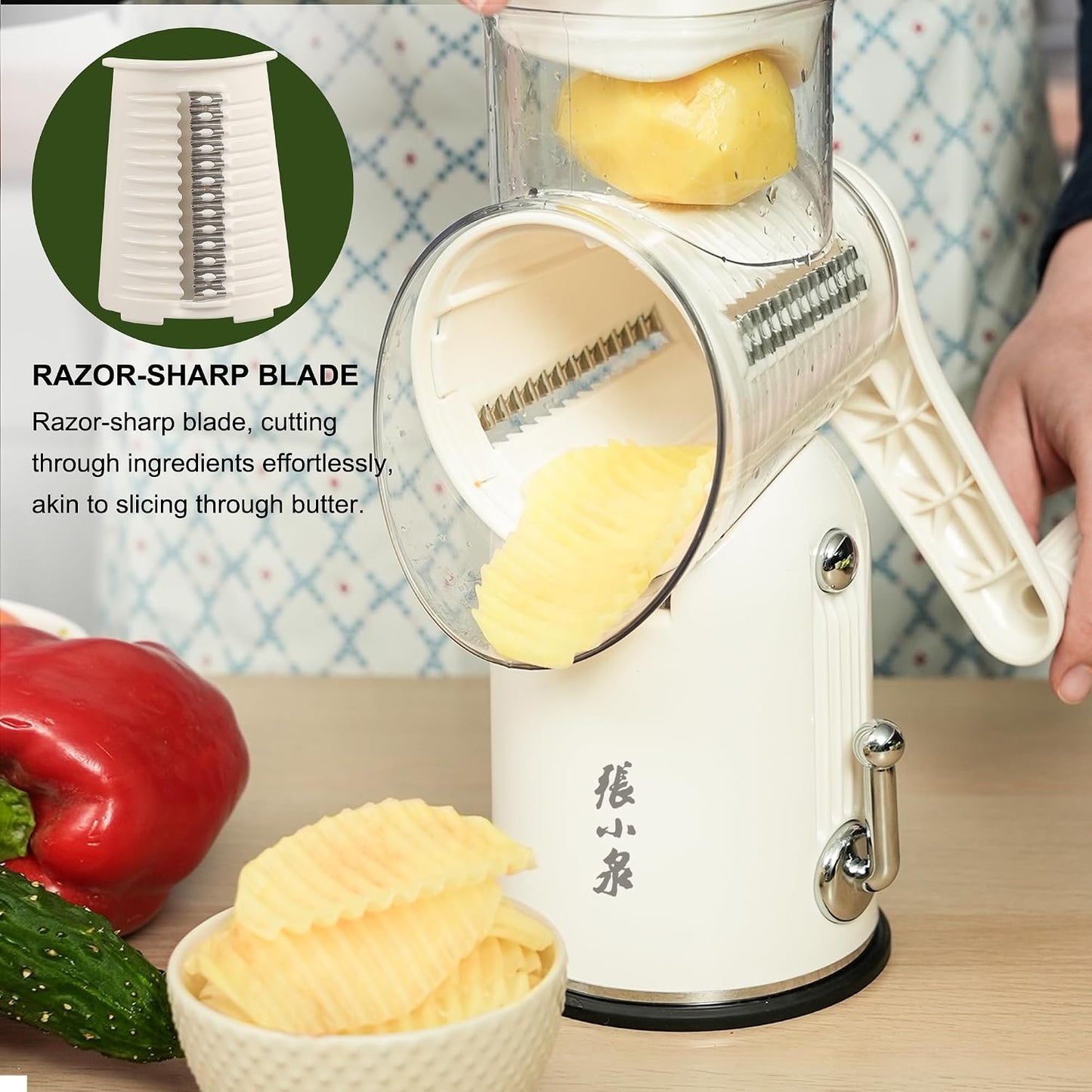 Rotary Cheese Grater Manual Hand Crank with 5 Blades & Suction Base, Kitchen Vegetable Shredder Slicer for Veggie, Nuts, Fruit, Cream
