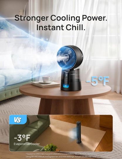 DREO TurboCool Misting Fan 516, 5℉ Drop Cooling Fans that Blow Cold Air | 150°+30° Omni-directional Oscillating, Evaporative air cooler, 26 ft/s Wind, Ultrafine Mist, 20dB, 6 Speeds 2 Modes, Grey