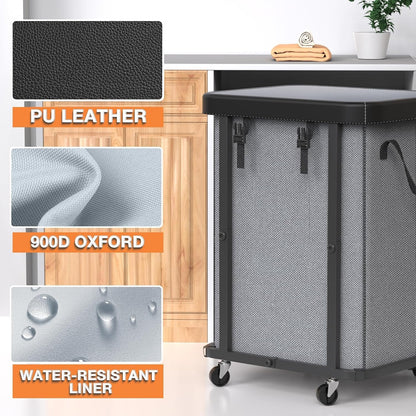 Laundry Hamper with Wheels,150L Leather Patchwork Clothes Hamper Black | Rolling Laundry Basket with Sturdy Metal Frame, Removable Washable Bag,Tall Clothes Sorter for Bedroom, Laundry Room, Dorm