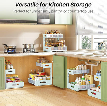Under Sink Organizer, 2-Pack Pull Out Cabinet Organizer 2 Tier Metal Slide Out Storage Shelf Rack, L-Shaped Adjustable Height,Mesh Sliding Drawer for Kitchen, Bathroom, Laundry, Pantry, White, XL