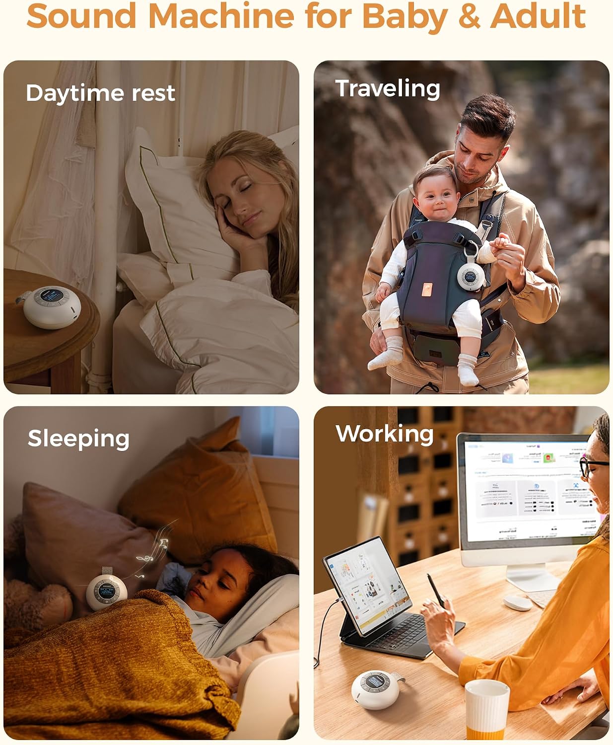 Glocusent 3-in-1 Portable Baby Sound Machine, White Noise Machine for Sleeping, Night Light & Phone Connected Speaker 34 Sounds Timing Function 1000mAh Large Battery Designed for Travel