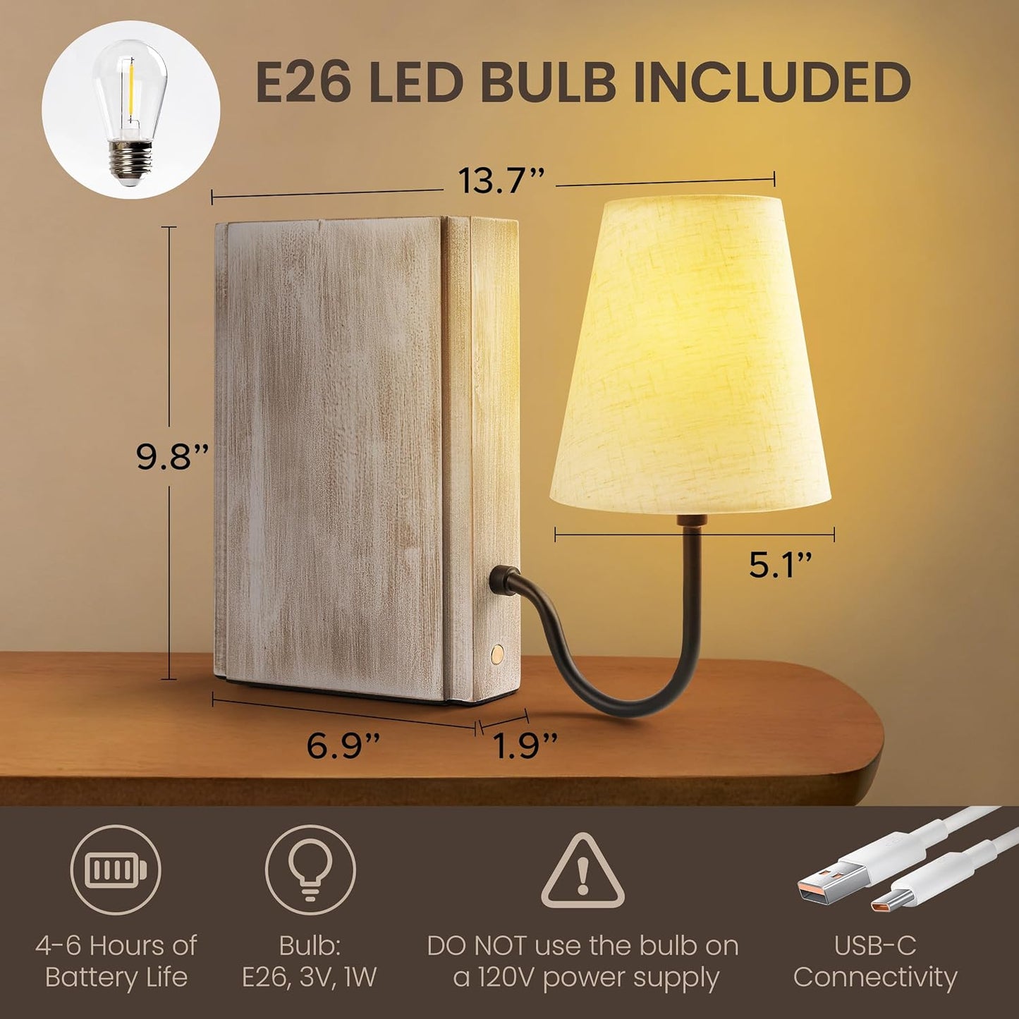 AELS Solid Wood Bookshelf Lamp with Bulb, Cordless Rechargeable Touch Dimmable Table Lamp with Linen Fabric Shade, Modern Decorative Bookend Lamp for Bedroom, Office & Bookshelf Decor, Dark Brown