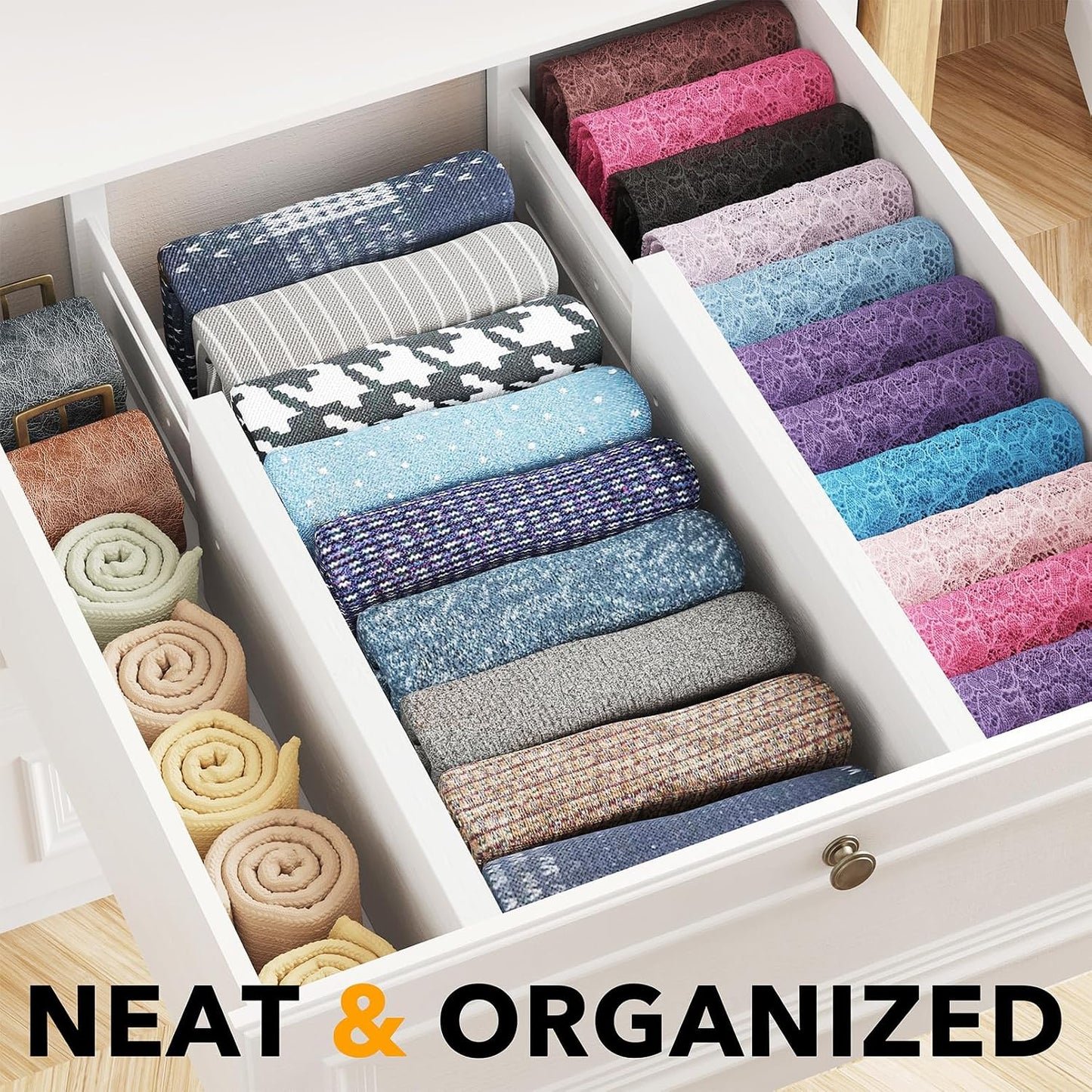 SpaceAid Bamboo 4 Pack Dresser Drawer Dividers, 4.65“ High Adjustable 12.5“-17” Drawer Organizers, Expandable Organization for Clothing, Clothes, Dressers, Black