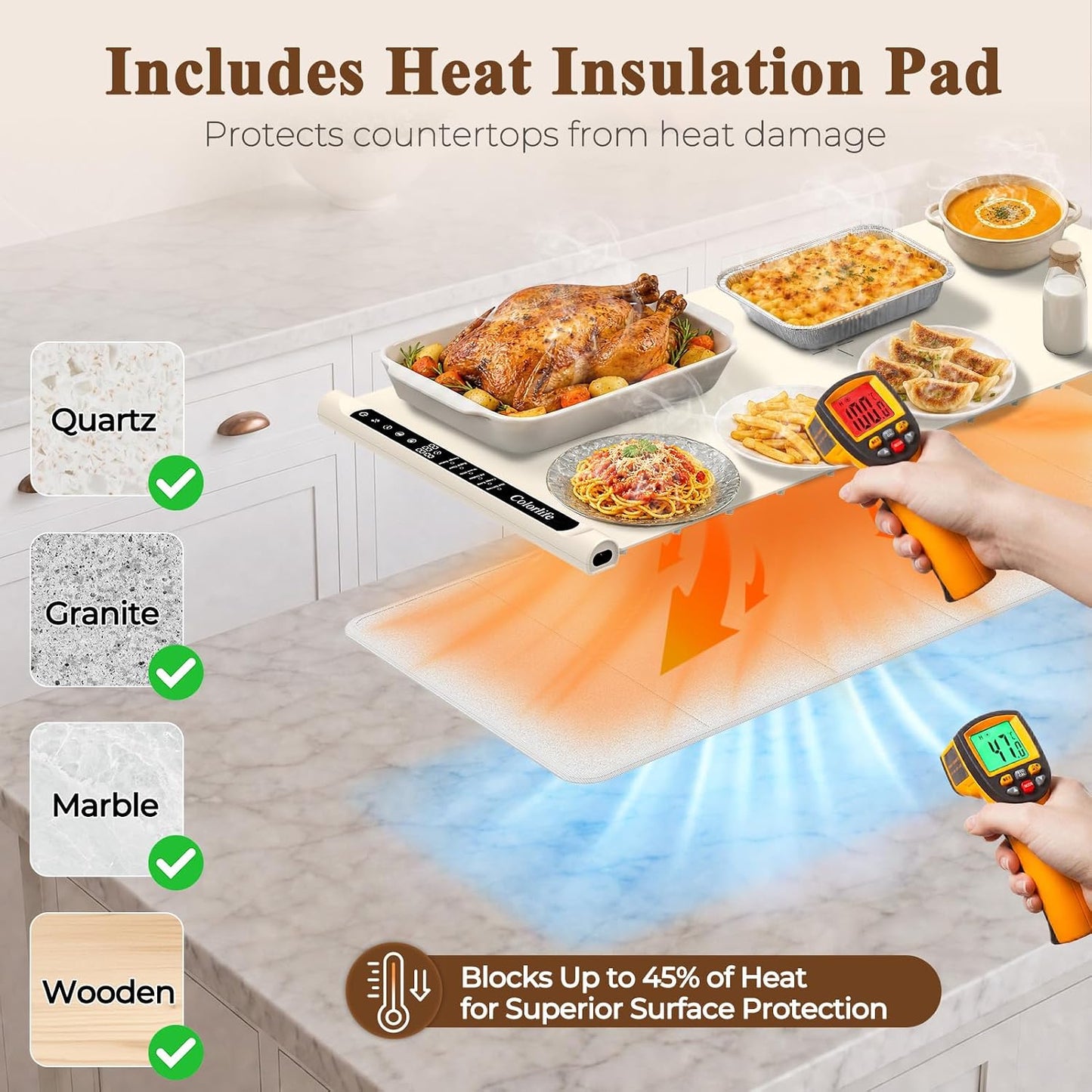 Warming Mat for Food, Electric Warming Tray with Heat-Resistant Pad-L Grey | Colorlife 6 Preset Modes, 7 Temps, 6H Timer, Child Lock, Auto-Memory, Rollable Silicone Food Warmer for Buffet, Parties