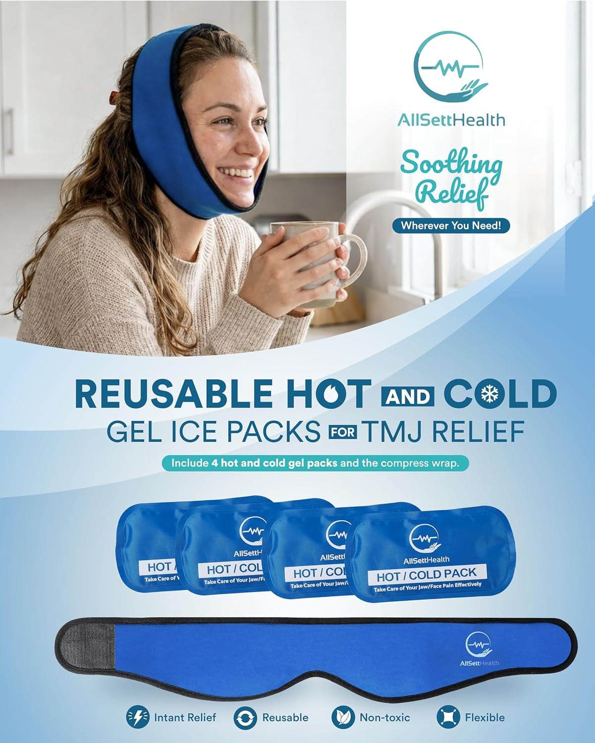 Face Ice Pack Wrap for TMJ Relief, Wisdom Teeth, Jaw, Head and Chin, 4 Reusable Hot and Cold Gel Packs, Pain Relief for Mouth, Oral and Facial Surgery