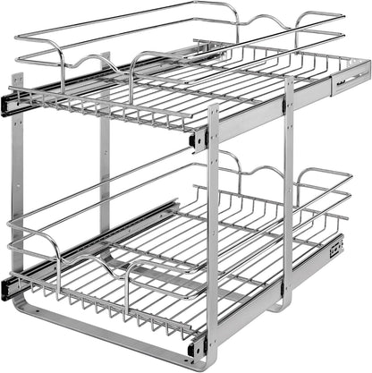 Rev-A-Shelf Pullout Organizer for Cabinets, Min Opening Width of 18" | STwo-Tier Steel Shelf for Kitchen or Vanity Cabinet Organization, Heavy Gauge Wire Slide Out Storage Basket, 5WB2-1822CR-1