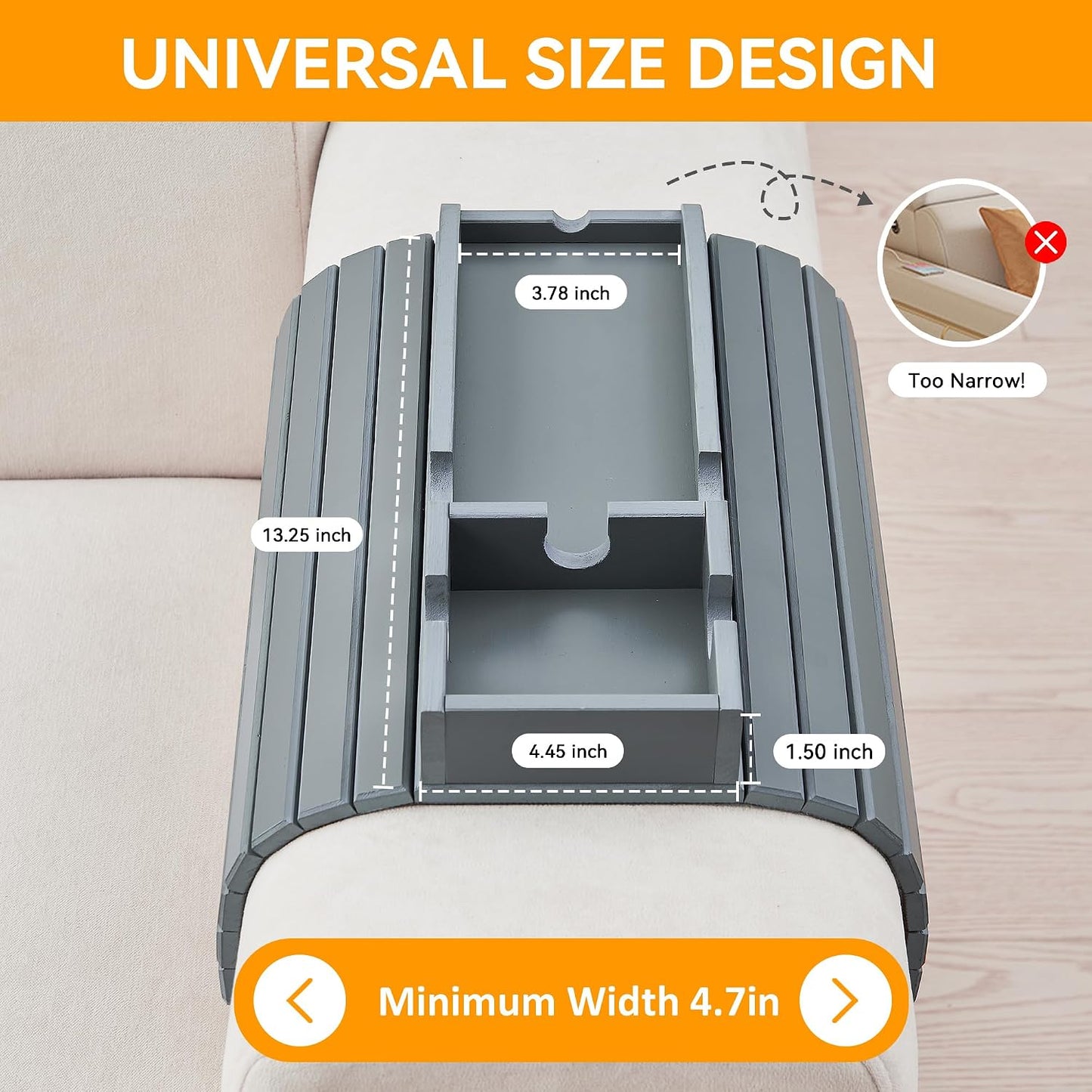 GEHE Bamboo Couch Cup Holder, Anti-Spill Sofa Arm Tray, Natural and Easy to Clean Couch Arm Cup Holder Armrest Tray Perfect for Cups, Beers, Snacks, Remote Control, Drinks