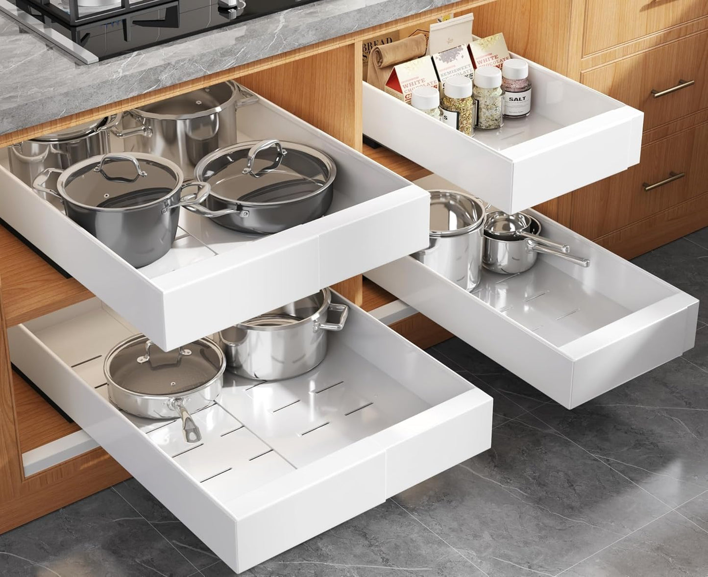 Seinloes 2 Pack Pull Out Cabinet Organizer for Wide Cabinets,Expandable 15.1"-26.3" Width,21" Deep Slide Out Drawers With Raising Pad for Framed Cabinets,3 Slide Rails,No Drill Roll Out Shelves,White