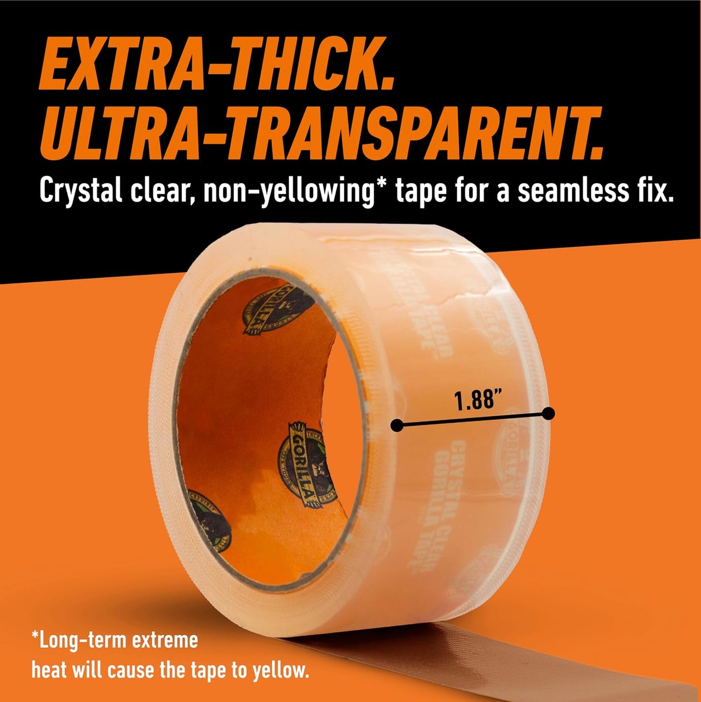 Gorilla Crystal Clear Tape, 1.88" x 18 yd, 1-Pack, Weather Resistant | Indoor & Outdoor Projects & Repairs, Waterproof, UV & Temperature Resistant, Grips Uneven Surfaces