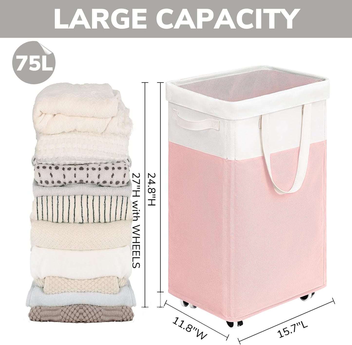 Goodpick 75L Laundry Basket with Wheels & Removable Wash Bag for Dorm | Rolling Laundry Basket with Handles for Dirty Clothes, Fodable Hamper for Laundry Room, Dorm Room Essentials, Grey