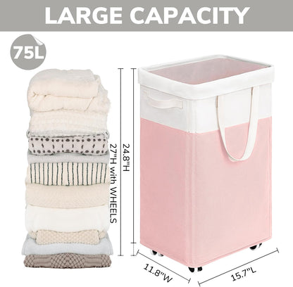 Goodpick 75L Laundry Basket with Wheels & Removable Wash Bag for Dorm | Rolling Laundry Basket with Handles for Dirty Clothes, Fodable Hamper for Laundry Room, Dorm Room Essentials, Grey