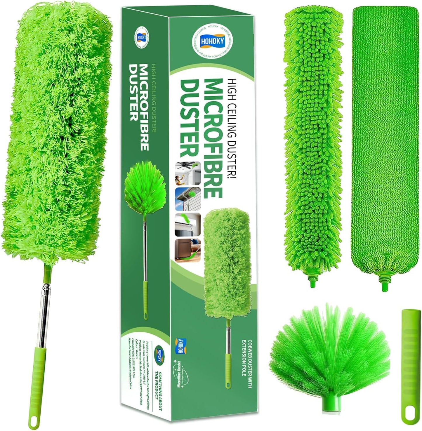 Cobweb Duster with Extension Pole,Cleaner Outdoor 110" Telescoping Extended Sspider Brush, Dusting Kit,Long Handle Reach for High Ceilings and Fans,Microfiber Webster Remover Tools Feather Dusters