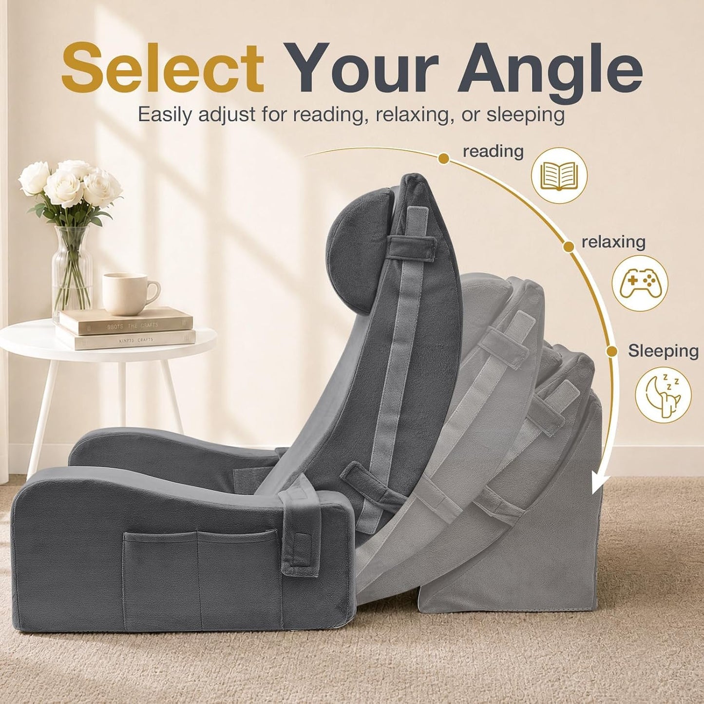 Sasttie 15-25 inch Adjustable Reading Pillow with Armrests, Dark Grey | Back Rest Pillow with Secure Side Straps, Memory Foam Back Support Cushion Bed Chair for Reading, Gaming & Relaxing