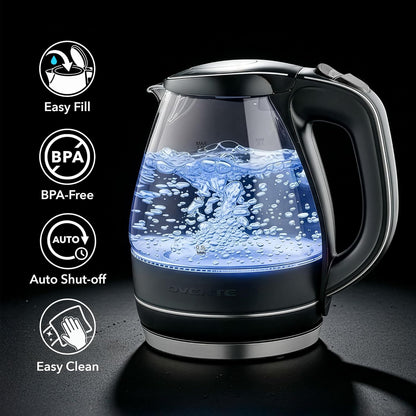OVENTE 1.5L Glass Electric Kettle Water Boiler, Black KG83B | 1100W Fast Boiling, Borosilicate Glass, BPA-Free, Blue LED, Auto Shut-Off, Boil-Dry Protection, Removable Filter, 360° Base