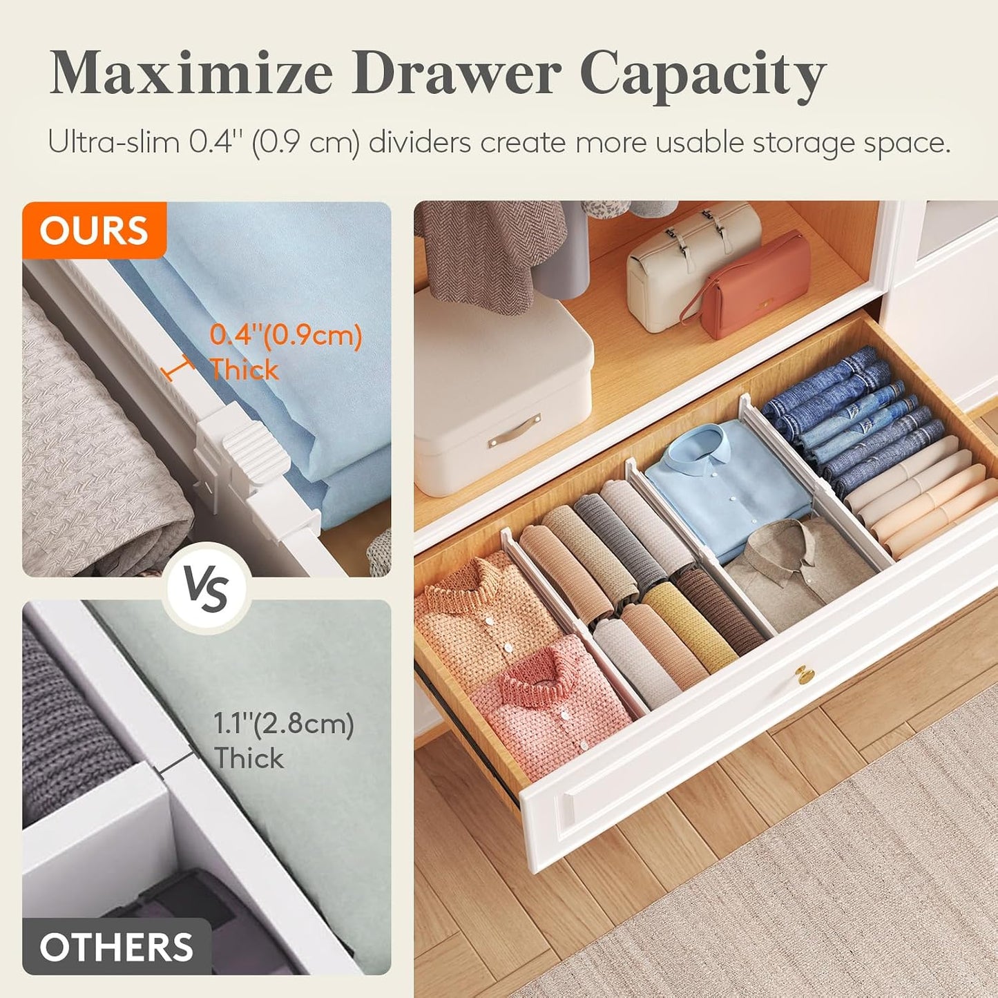 Lifewit 8" Tall Drawer Dividers, Adjustable Deep Drawer Organizer Clothes | 4 Pack 13.8"-22.2" Expandable White Plastic Separators for Dresser, Kitchen, Cabinet, Closet, Office Organization & Storage