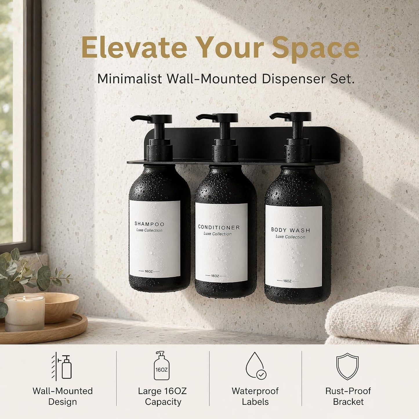 Refillable Shampoo and Conditioner Shower Dispenser Set of 3 - Wall Mounted | 3 Chamber Dispensers for Bathroom. No Drill Pump with Bottles for Soap and Body Wash. Matte Black Bottle with Labels (16oz)