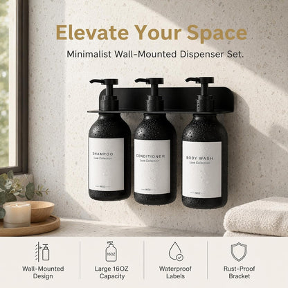 Refillable Shampoo and Conditioner Shower Dispenser Set of 3 - Wall Mounted | 3 Chamber Dispensers for Bathroom. No Drill Pump with Bottles for Soap and Body Wash. Matte Black Bottle with Labels (16oz)