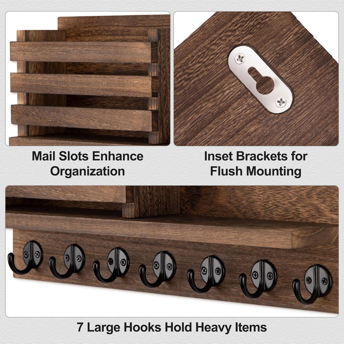 Lwenki Key Holder for Wall – Decorative Wooden Mail Holder and Key Shelf with Mounting Hardware, Installation Guide – Paulownia Wood with Metal Key Hooks (Black, Large - 11.8inch)