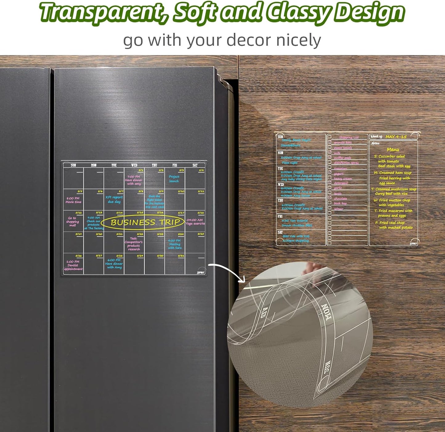 JJPRO Non-Magnetic Dry Erase Calendar for Fridge, Monthly Calendar, Weekly Planning Board Bundle for All Smooth Surfaces. Clear Reusable Calendar Stick to Fridge,Cabinet,Door&Glass