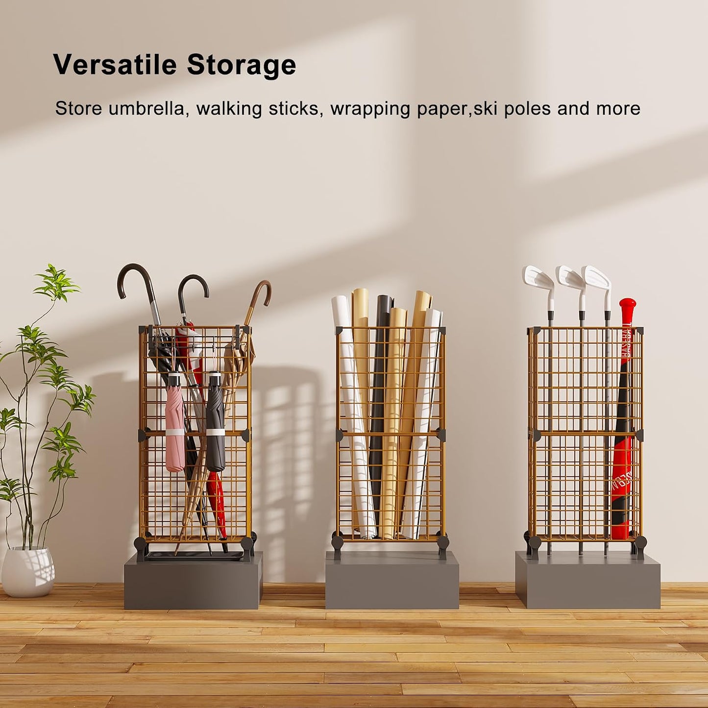 AWTATOS Umbrella Holder Entryway, Umbrella Stand Freestanding, Black | Metal Square Umbrella Rack Organizer with a Removable Drip Tray, Hooks