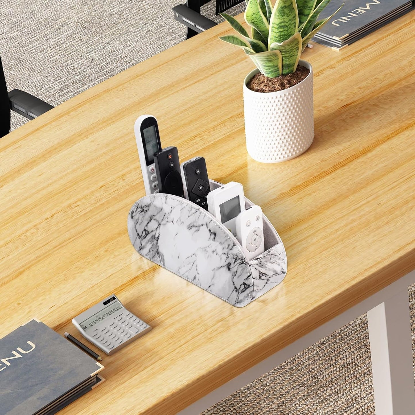 Remote Control Holders Organizer Box with 5 Compartment PU Leather Caddy | Multi-functional Office Desk Storage Caddy Store Tv Remote for Media Player,Brush,Pencil,Glassees&Office Supplies
