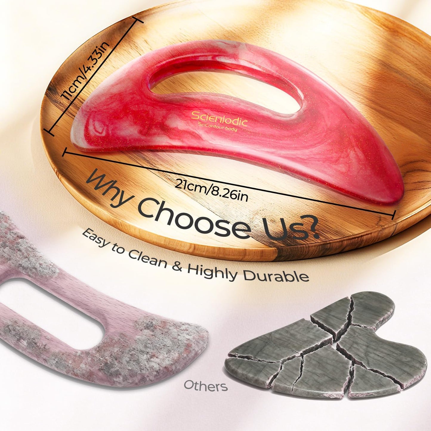 Scienlodic Gua Sha Massage Tool with Handle (Resin) Larger Guasha Scraping Tool for Back Neck Face Leg Massage, Lymphatic Drainage, Cellulite Remove - Large