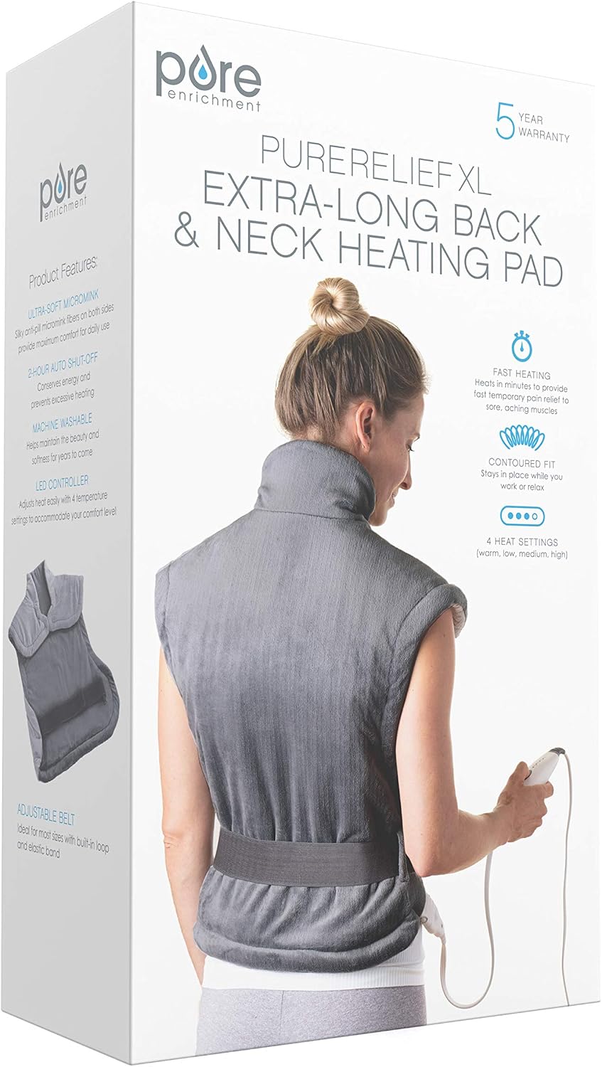 Pure Enrichment PureRelief XL Extra-Long Back & Neck Heating Pad, 4 Settings