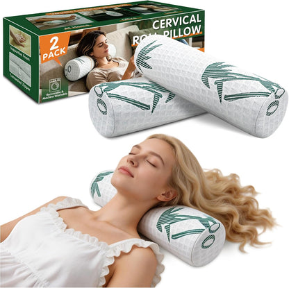 Asatdd Cervical Neck Roll Pillow 2 Pack, Round Bolster Pillow with Washable Cover for Lumbar Support, Sleeping, Office and Travel, 5" x 17"