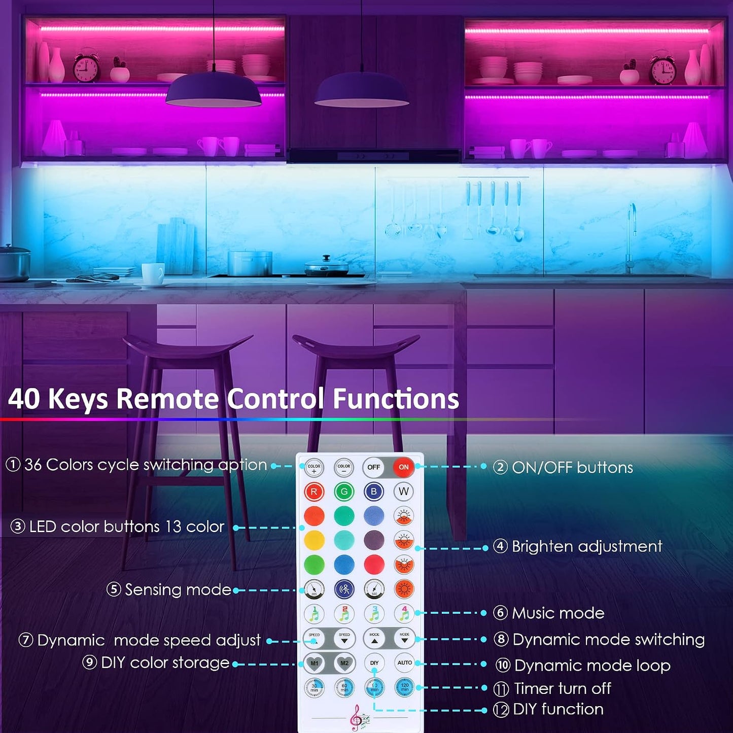 maylit 8 PCS Motion Sensor RGB Under Cabinet Lights Kit, App and Remote Control Led Strip Lights, Music Sync Color Changing Led Lights with Power Adapter, for Cabinet, Counter, Shelf, Bookcase, 13ft | App and Remote Control Led Strip Lights, Music Sync