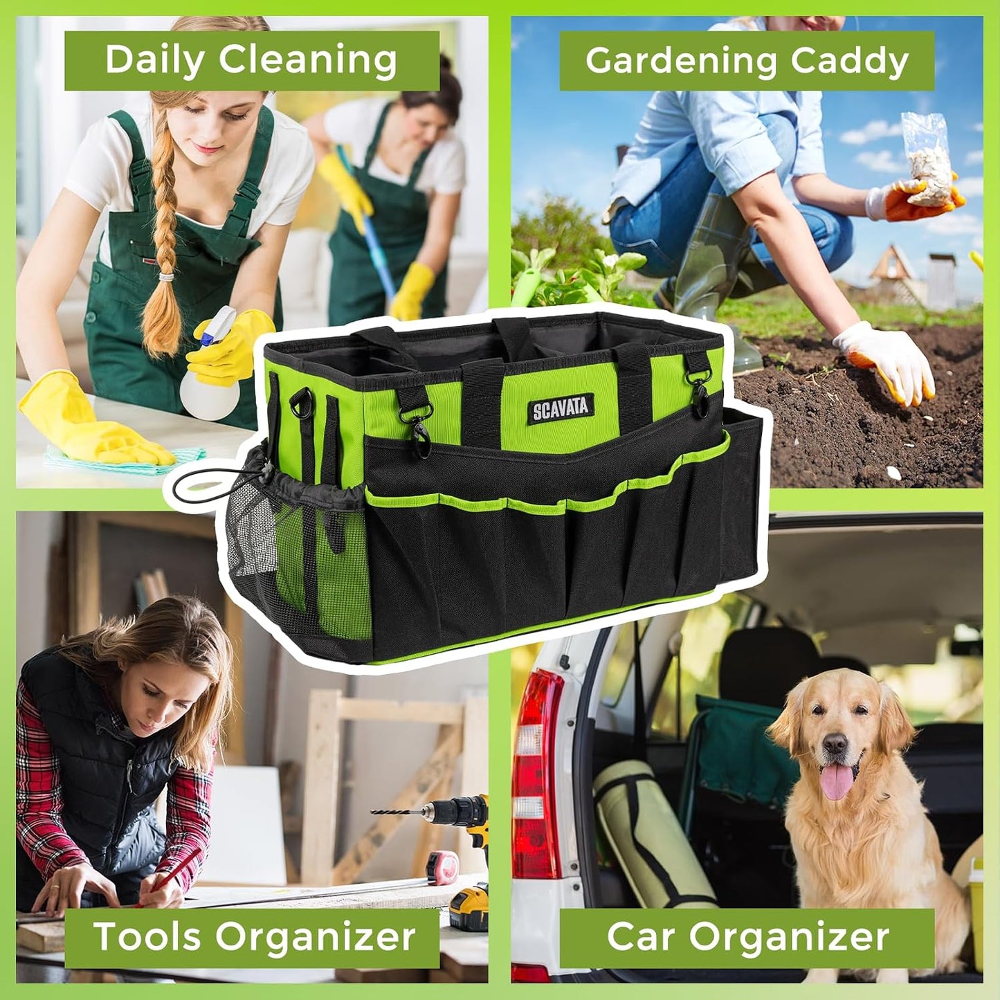 SCAVATA Wearable Cleaning Caddy Bag, Cleaning Caddy Supplies Organizer with Handle & Shoulder Straps for Housekeepers, Under Sink & Car Cleaning Tool Organizers with 4 Foldable Divider (Lake Blue)