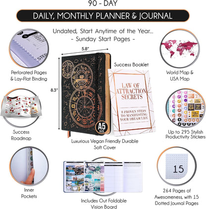 Freedom Mastery Daily Journal of Gratitude, Productivity & Habit Tracker | Undated 90-Day Planner with Daily Reflection, Mindfulness, Positivity, Vision Board & Stickers, Gratitude Journal for Women