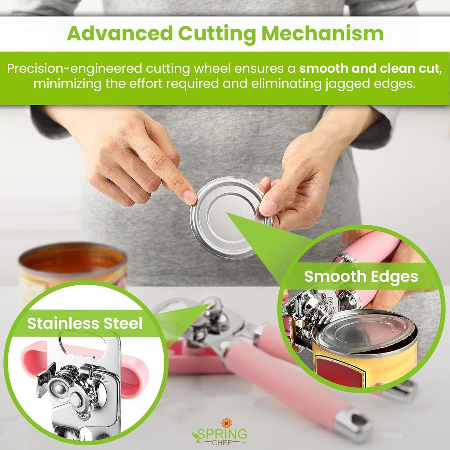 Spring Chef Stainless Steel Manual Can Opener with Soft Grip Handles, Black | Heavy Duty Hand Can Opener for Seniors with Smooth Edge, Easy Turn, 3in1 Can Opener with Magnetic Lid Remover & Bottle Opener